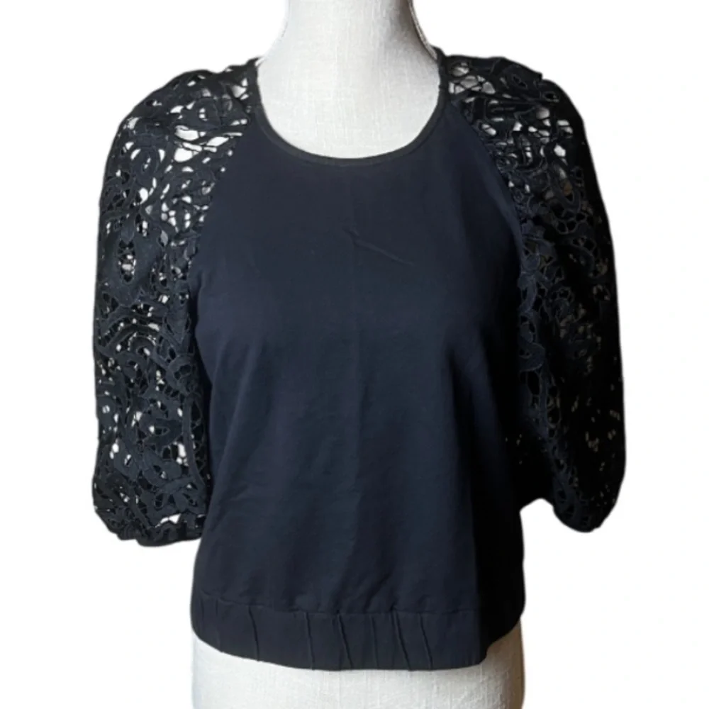 Dolan Anthropologie Lace Puff Sleeve Cropped Black Top - Medium